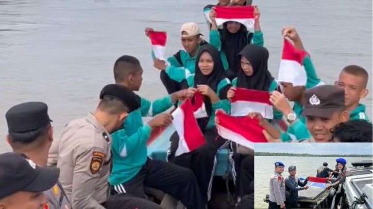 Polisi dan Paskibra Kibarkan Merah Putih di Perairan Concong Inhil